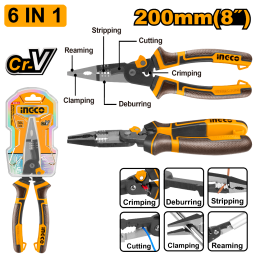 PINZA PUNTA FINA 8 200MM CR-V MULTIFUNCION 6 EN 1 INGCO HMFLNP28200