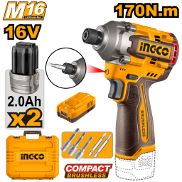 ATORNILLADOR DE IMPACTO A BATERIA 16V 170NM C2 BATERIAS Y CARGADOR EN VALIJA + ACCS INGCO - CIRLI16178