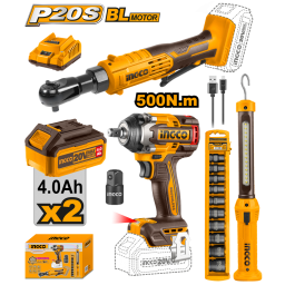 COMBO LLAVE DE IMPACTO 500NM 20V A BATERIA + LLAVE CRIQUE 20V + LINTERNA + SET DA COSLI240461 INGCO