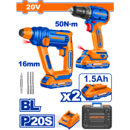 COMBO TALADRO A BATERIA 10MM C/PERCUTOR  BRUSHLESS 20V P20S + ROTOMARTILLO A BATERIA 1,5J 20V P20S EN VALIJA C/2 BAT WOS